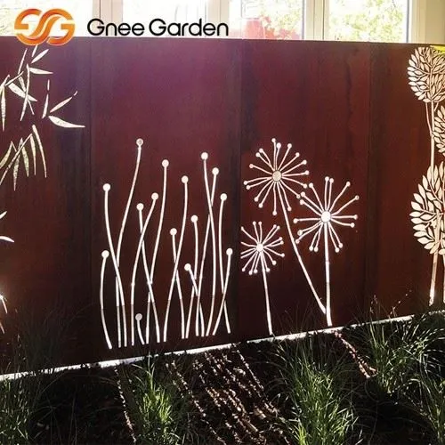 Corten Steel Outdoor Screen with Dandelion Pattern